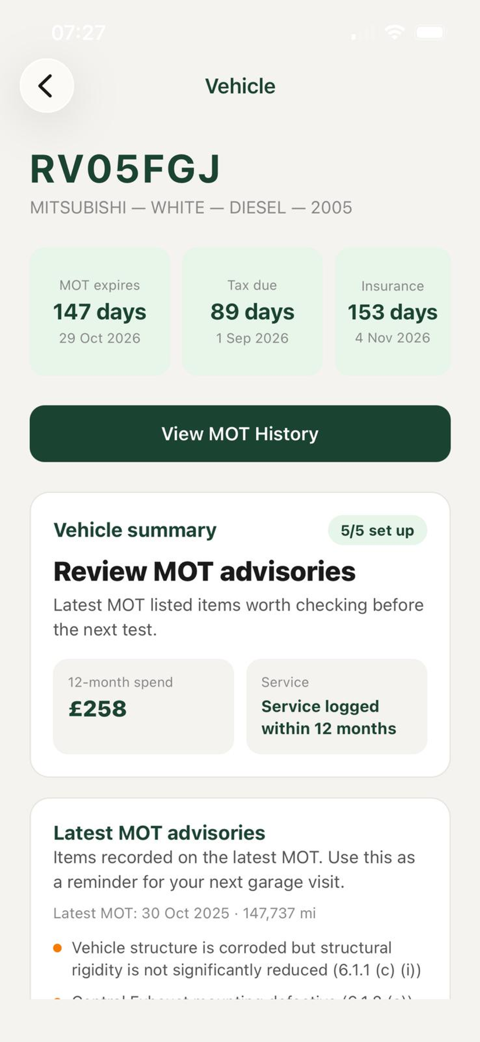 Car Timeline MOT advisories screen